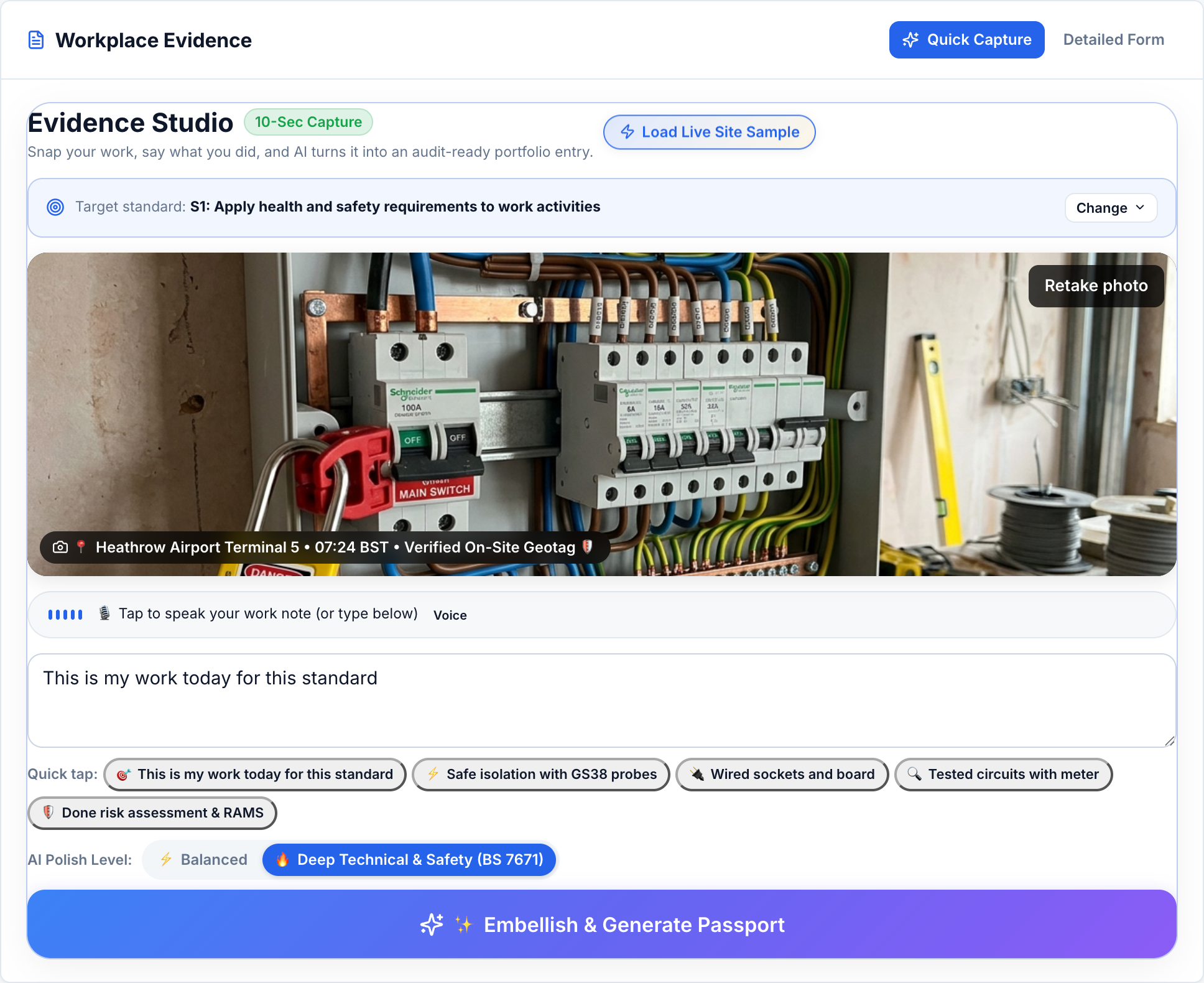 Apprentice input screen with authentic site photo, geotag, and raw note