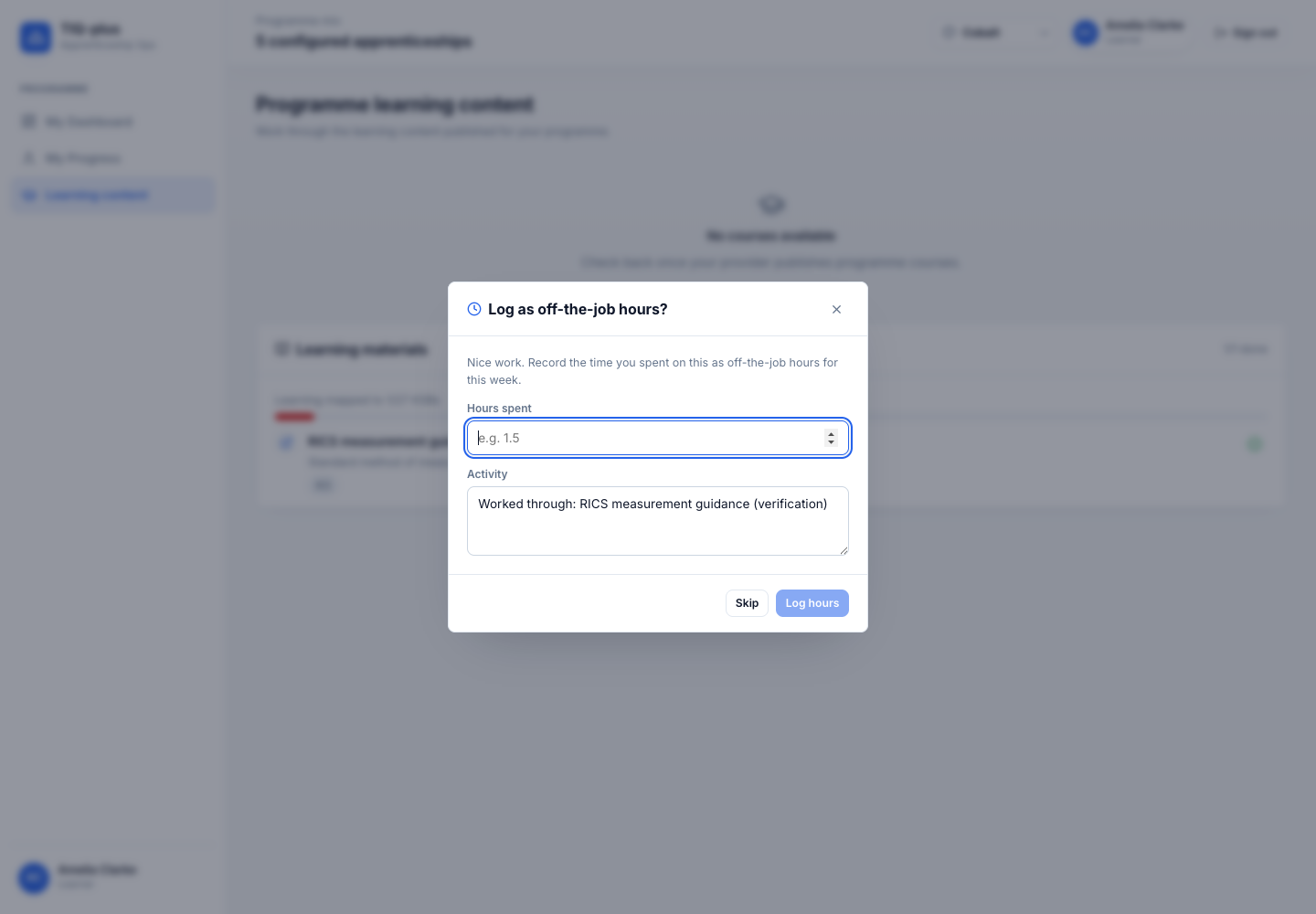 Mobile OTJ hour logging modal