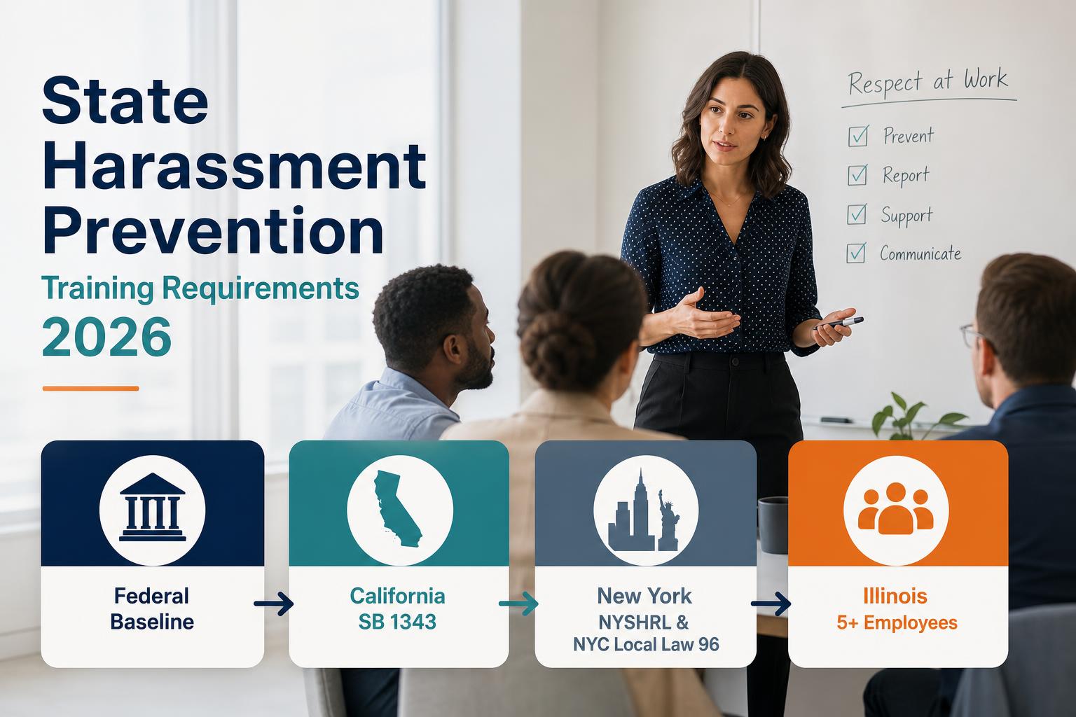 State harassment prevention training requirements: the 2026 guide for mid-market HR hero image